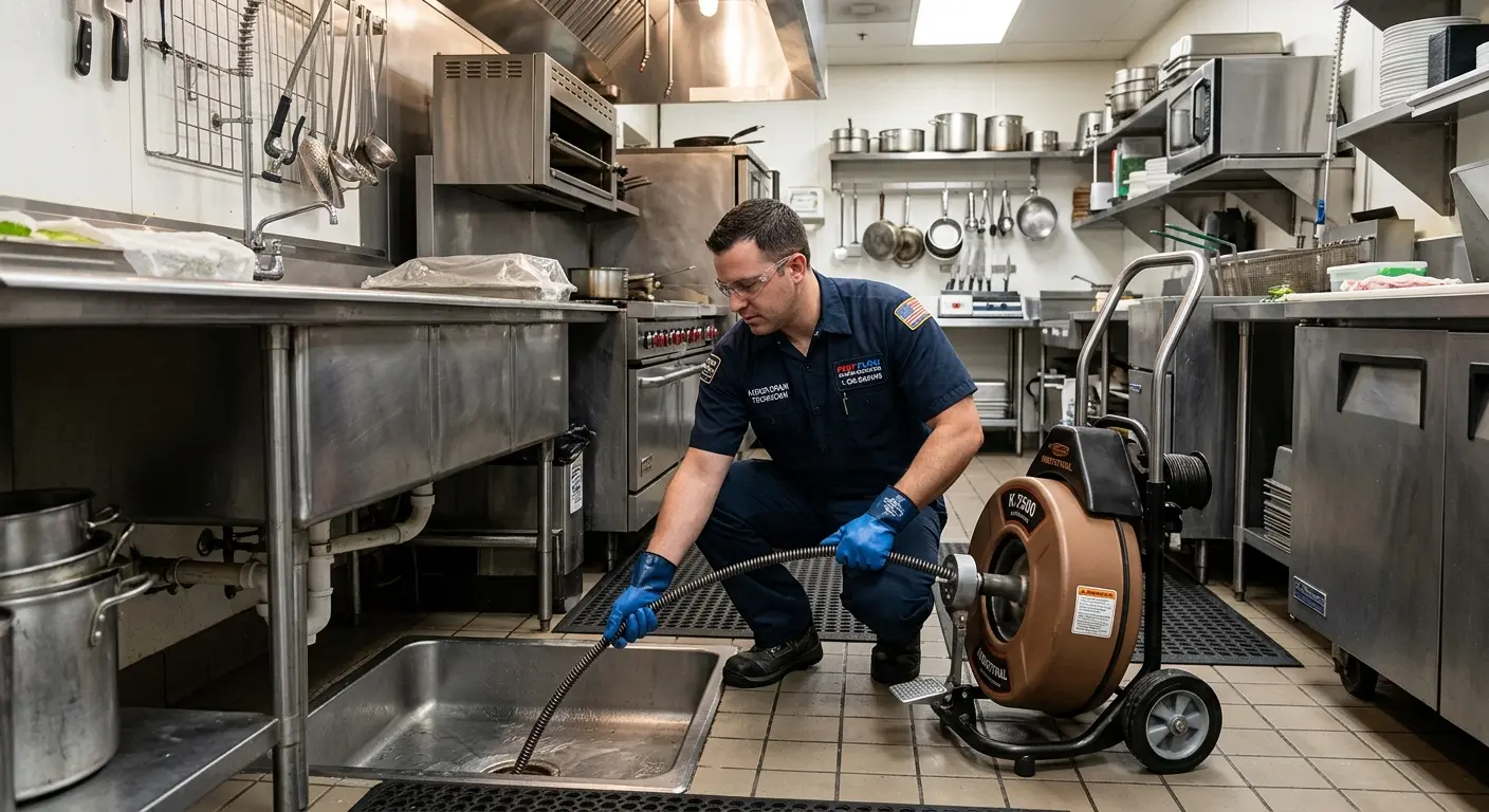Commercial drain cleaning service in a restaurant kitchen in Pembroke