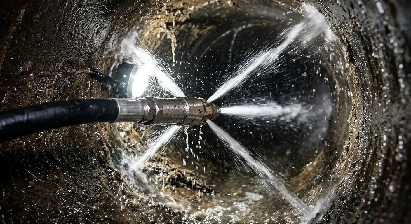 High-pressure hydro jetting nozzle cleaning sewer pipe for Sewer Line Relining in Pembroke