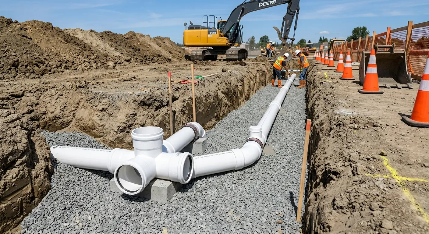 New PVC sewer pipe installation in open trench for Sewer Backup in Pembroke