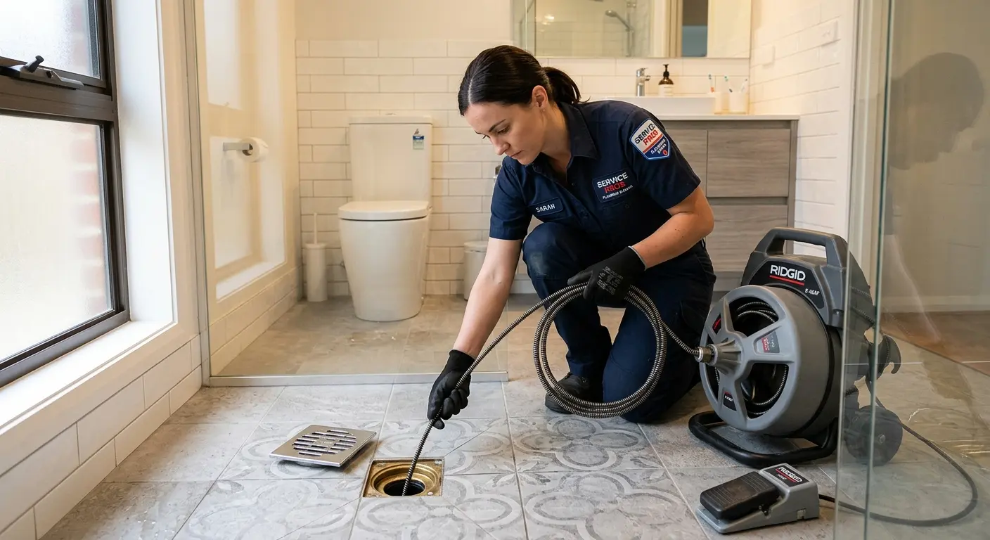 Technician clearing a bathroom floor drain for Sewer Line Installation in Pembroke